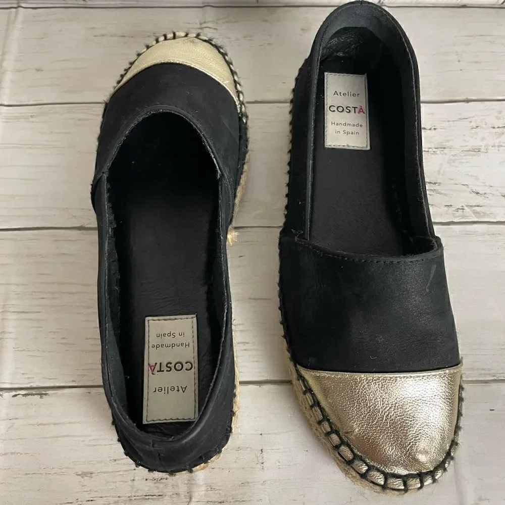 Atelier Costa Gold And Black Espadrille- Handmade In Spain Size 37 or 5.5